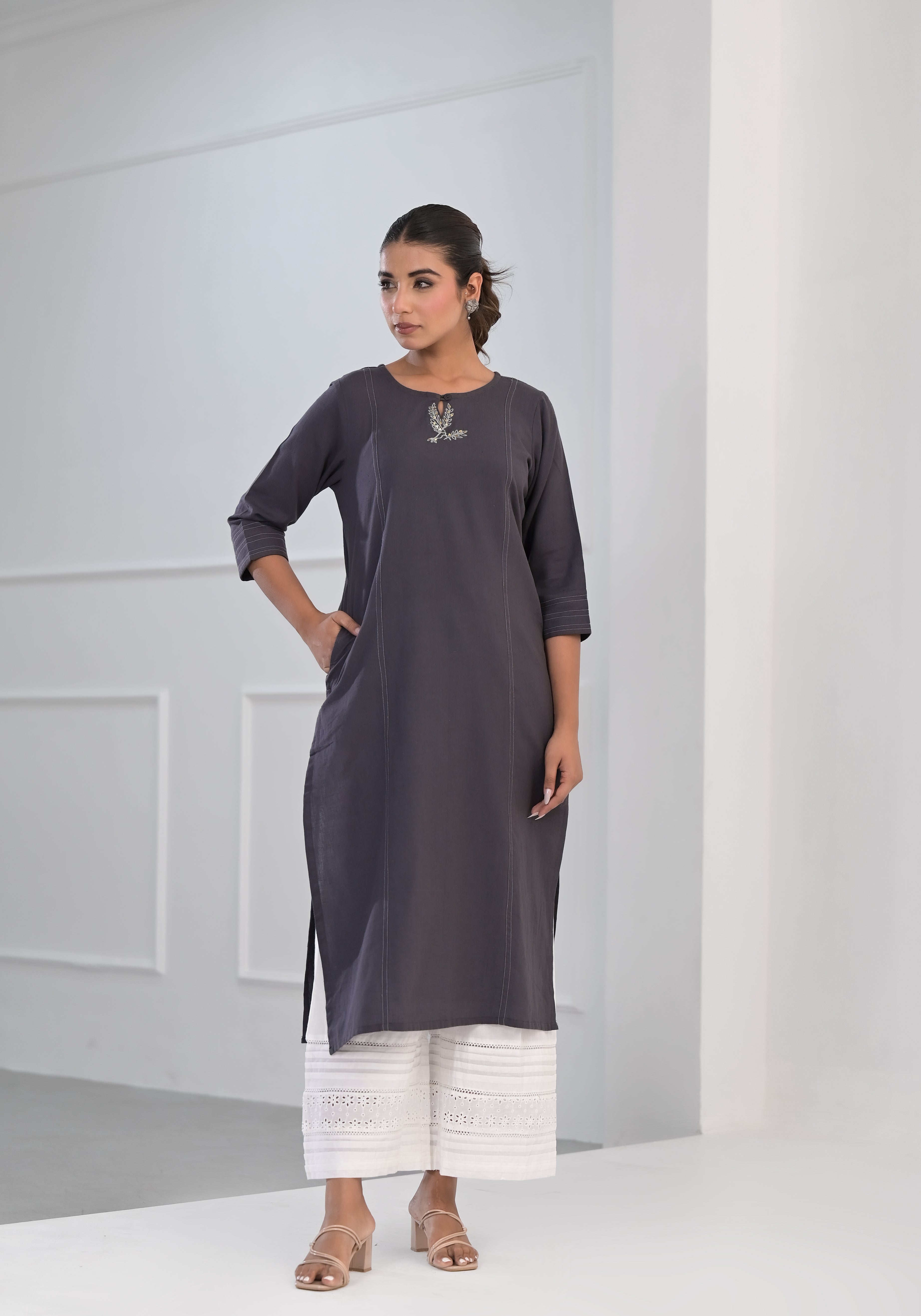 Grey Solid Cotton Kurta