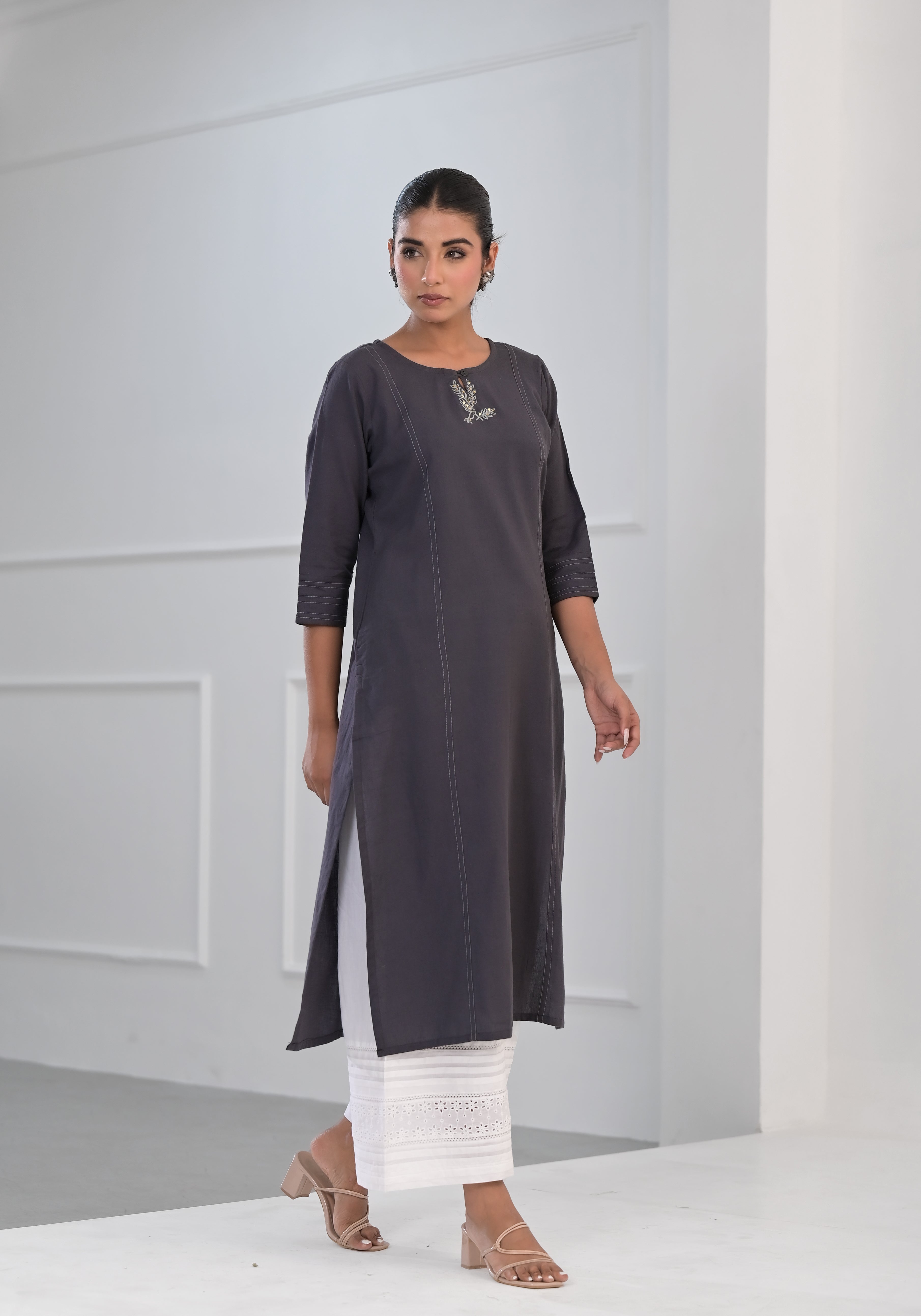 Grey Solid Cotton Kurta