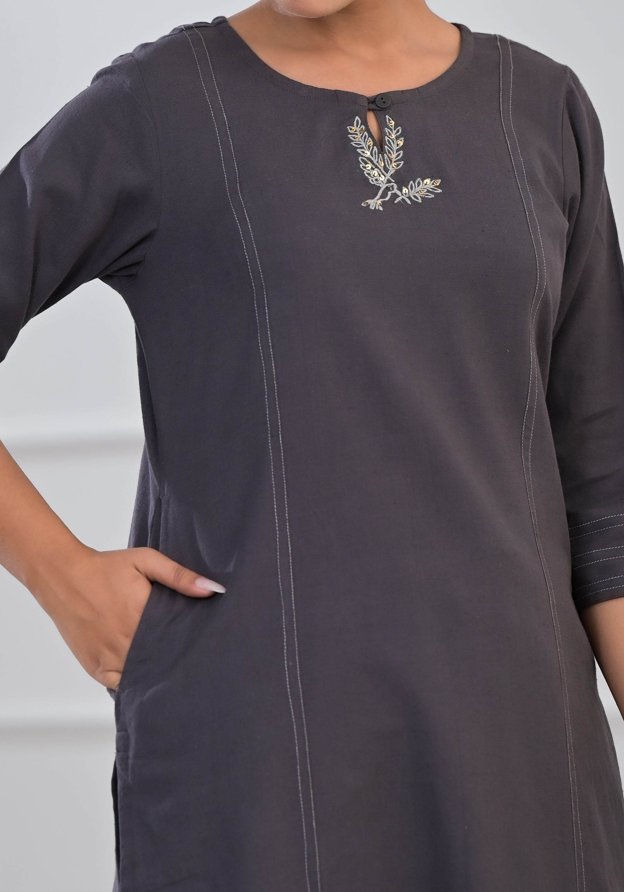 Grey Solid Cotton Kurta