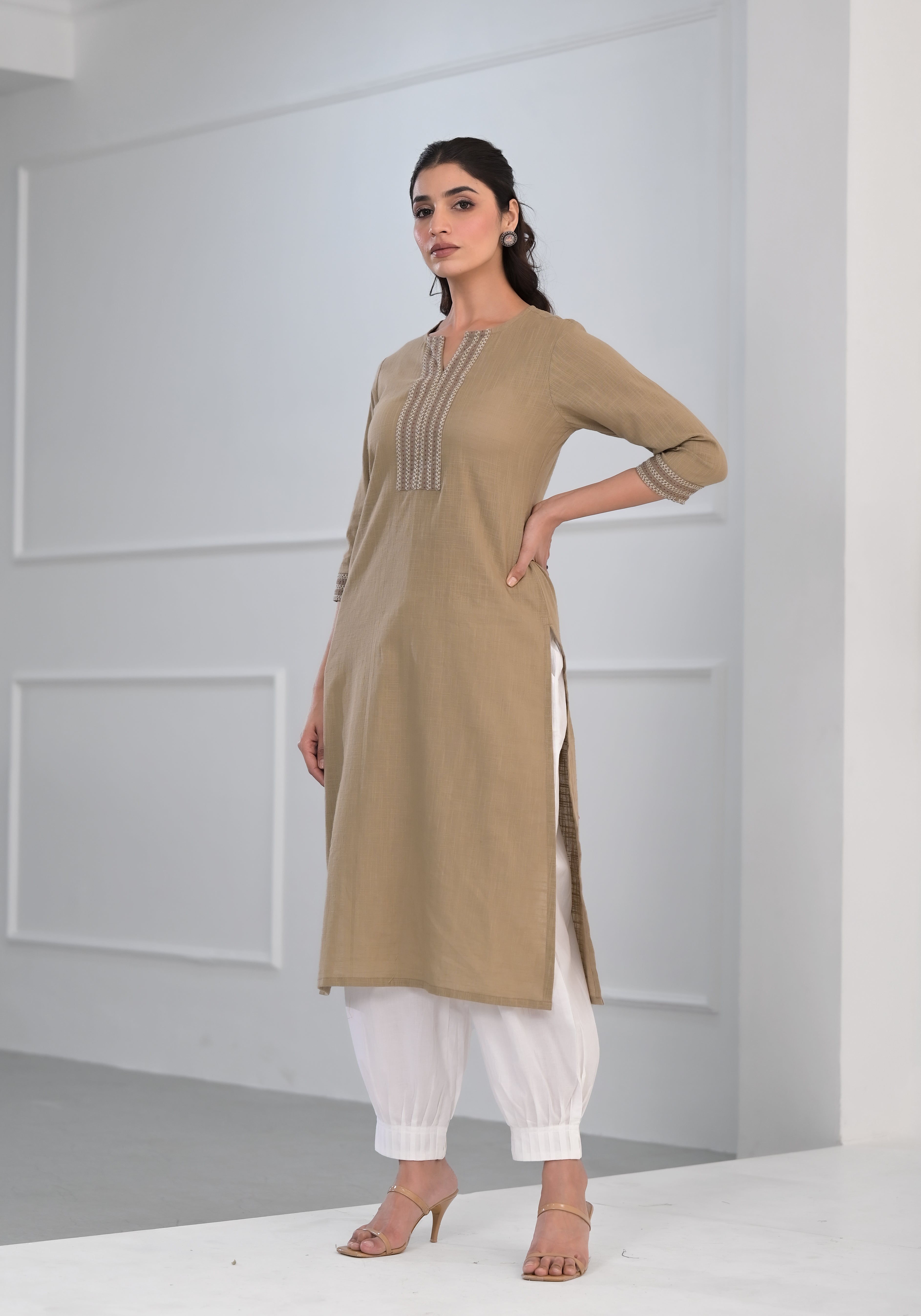 Khakhi Solid Cotton Slub Kurta