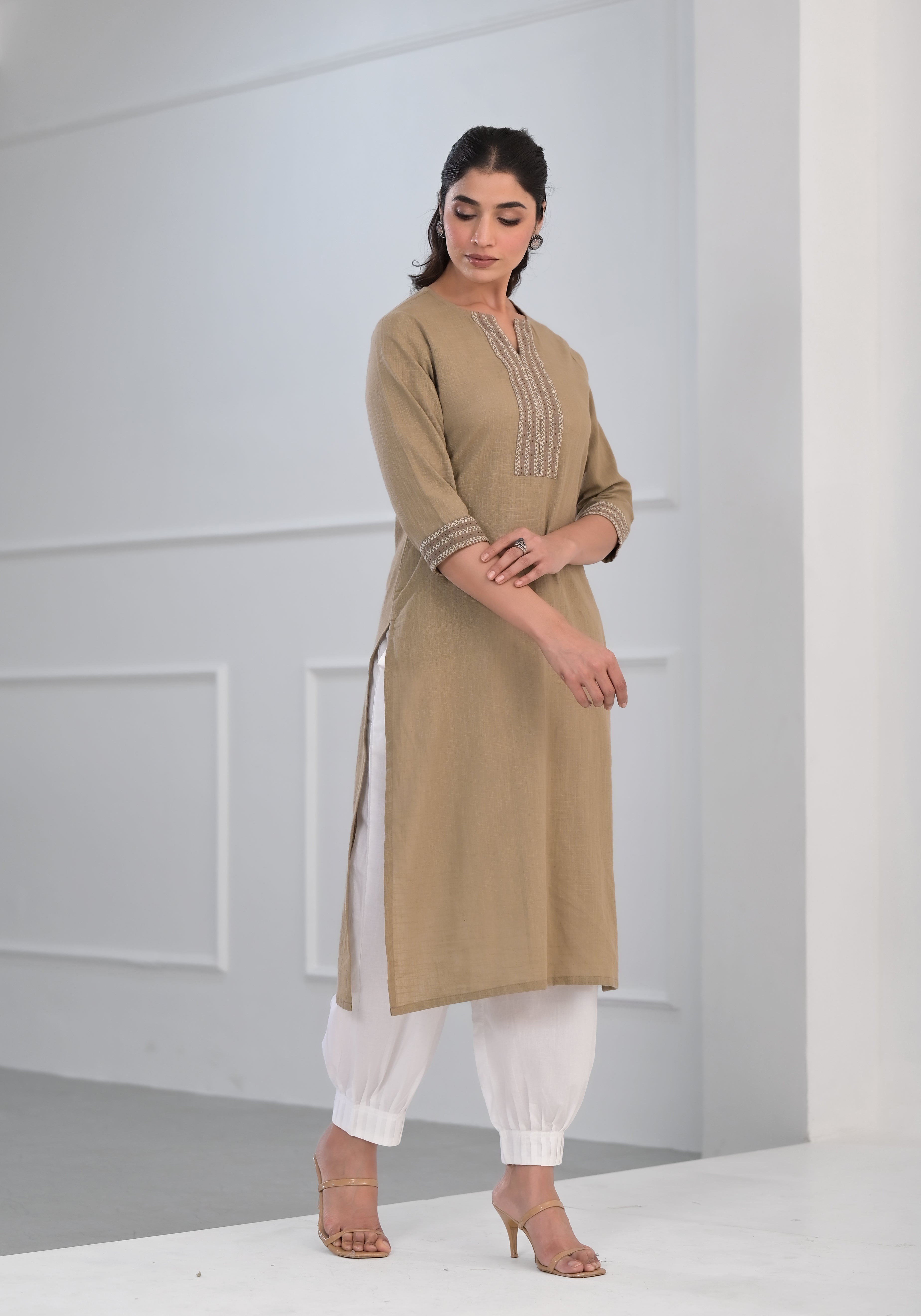 Khakhi Solid Cotton Slub Kurta