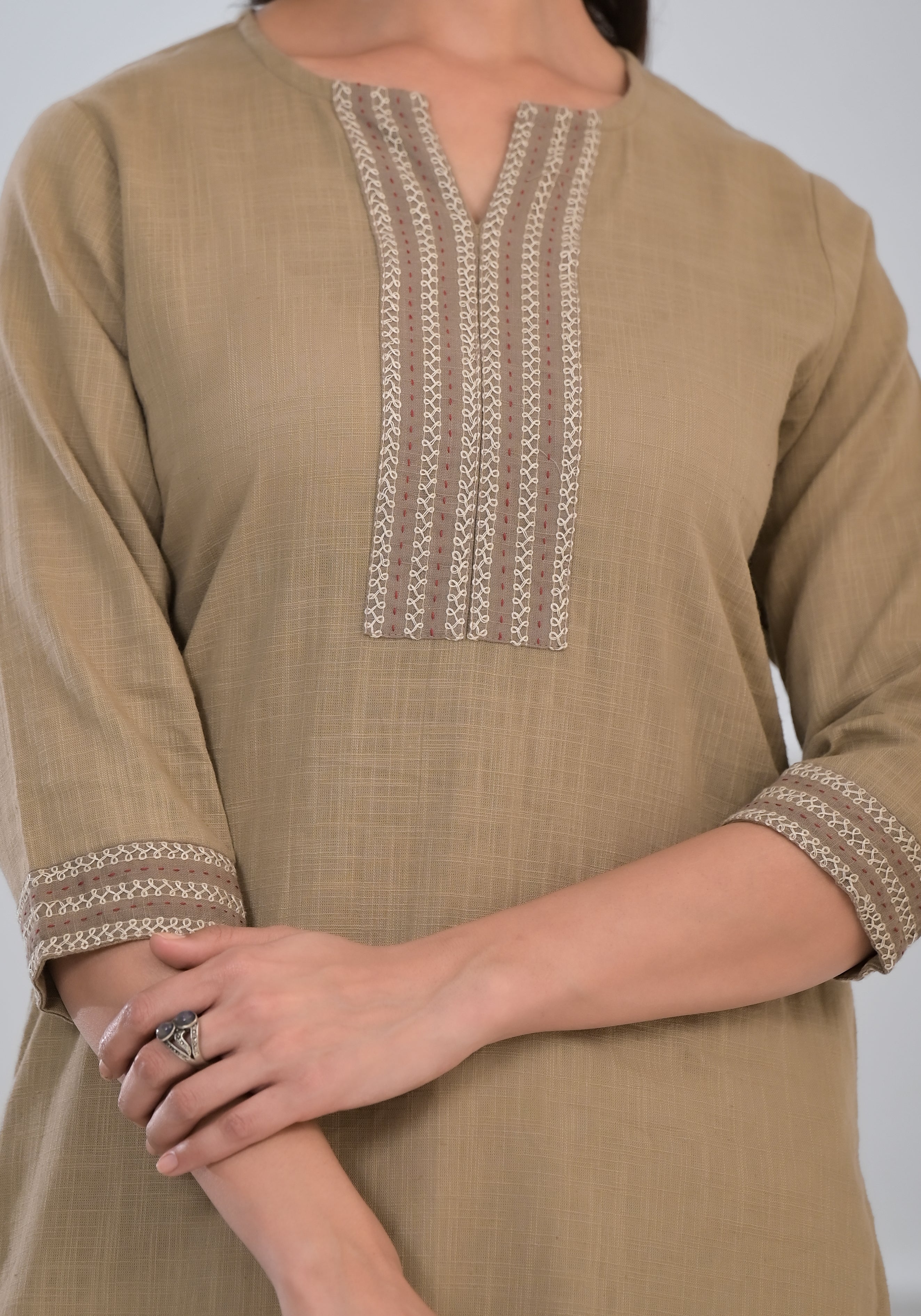 Khakhi Solid Cotton Slub Kurta