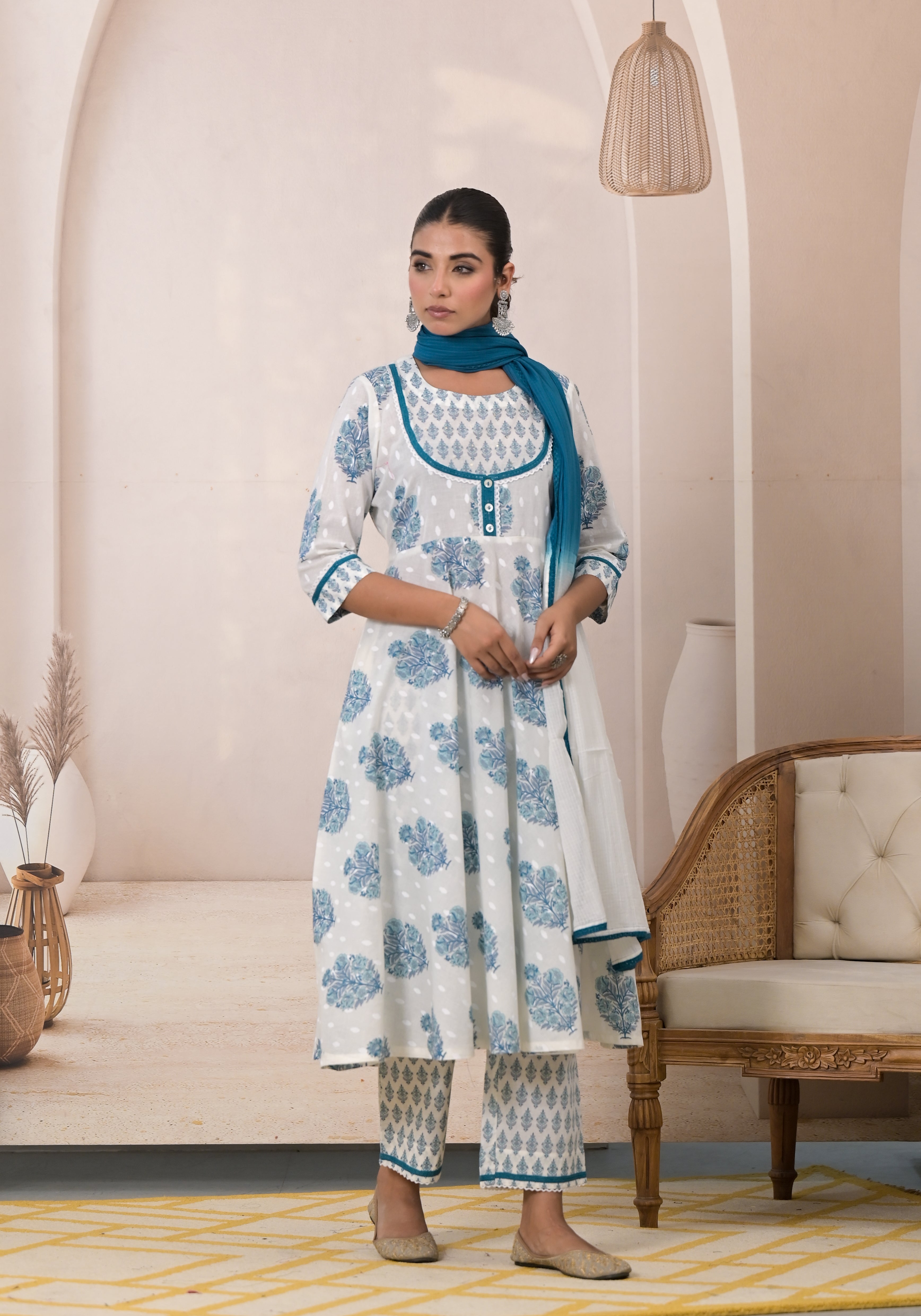 Blue Blossom Cotton Anarkali Suit