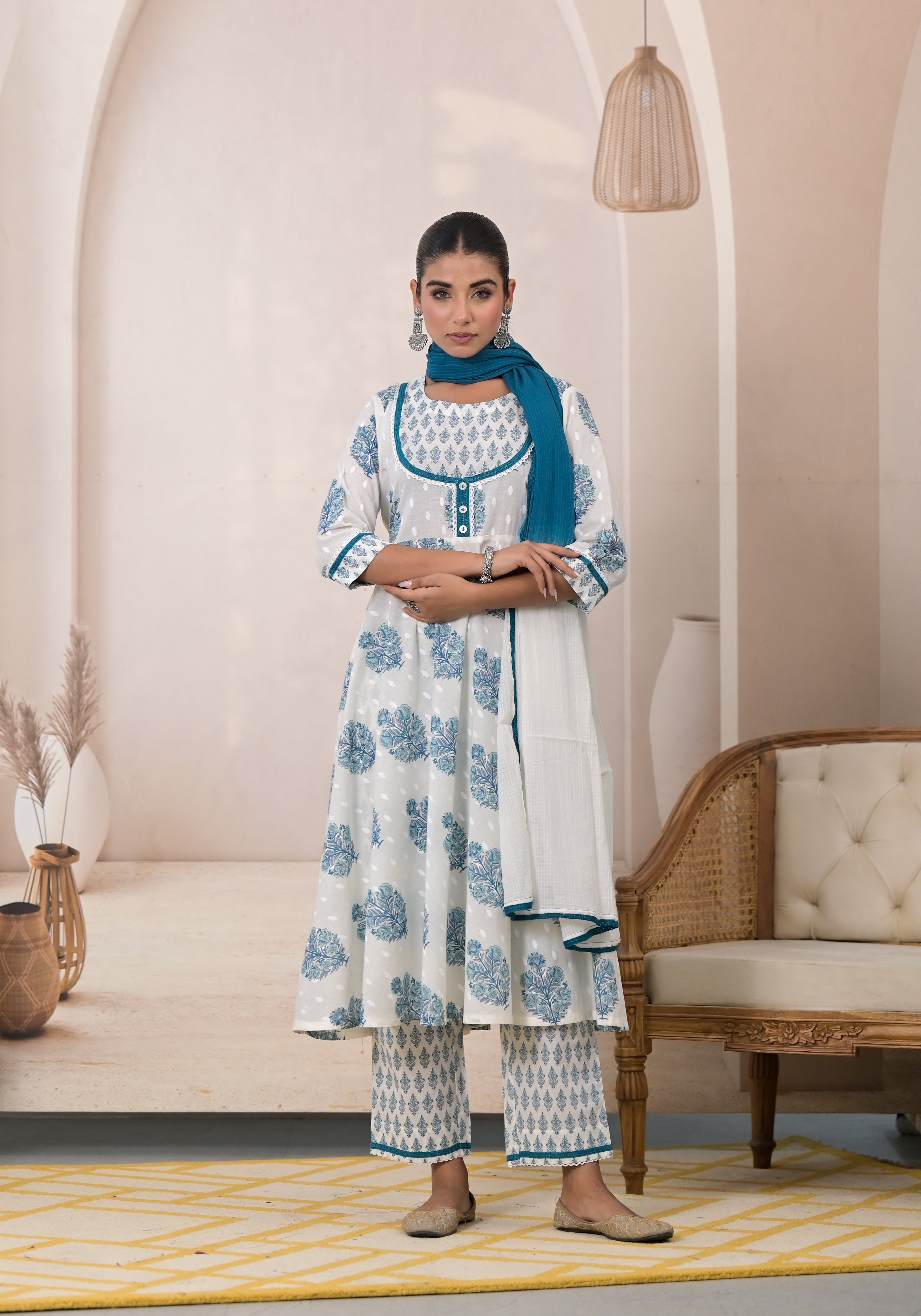 Blue Blossom Cotton Anarkali Suit