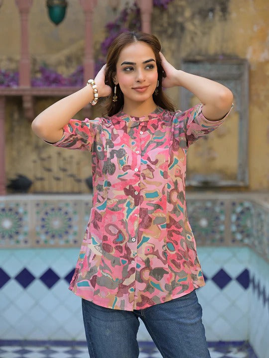 Pink Printed Rayon A-Line Top