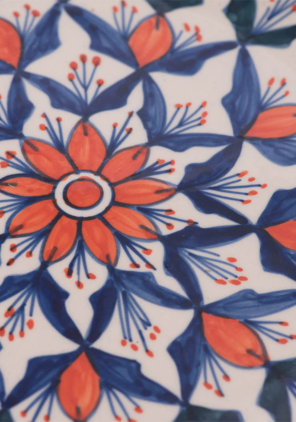 Floral Design White and Orange Ceramic Plates - Set of 4