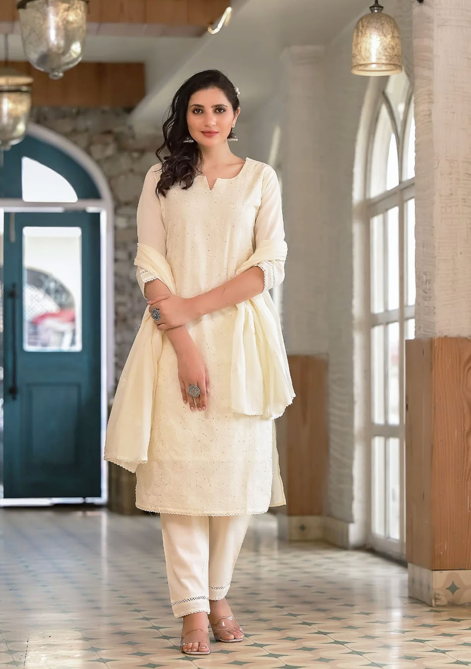 Elegance Off sequence White Suit Set With Dupatta