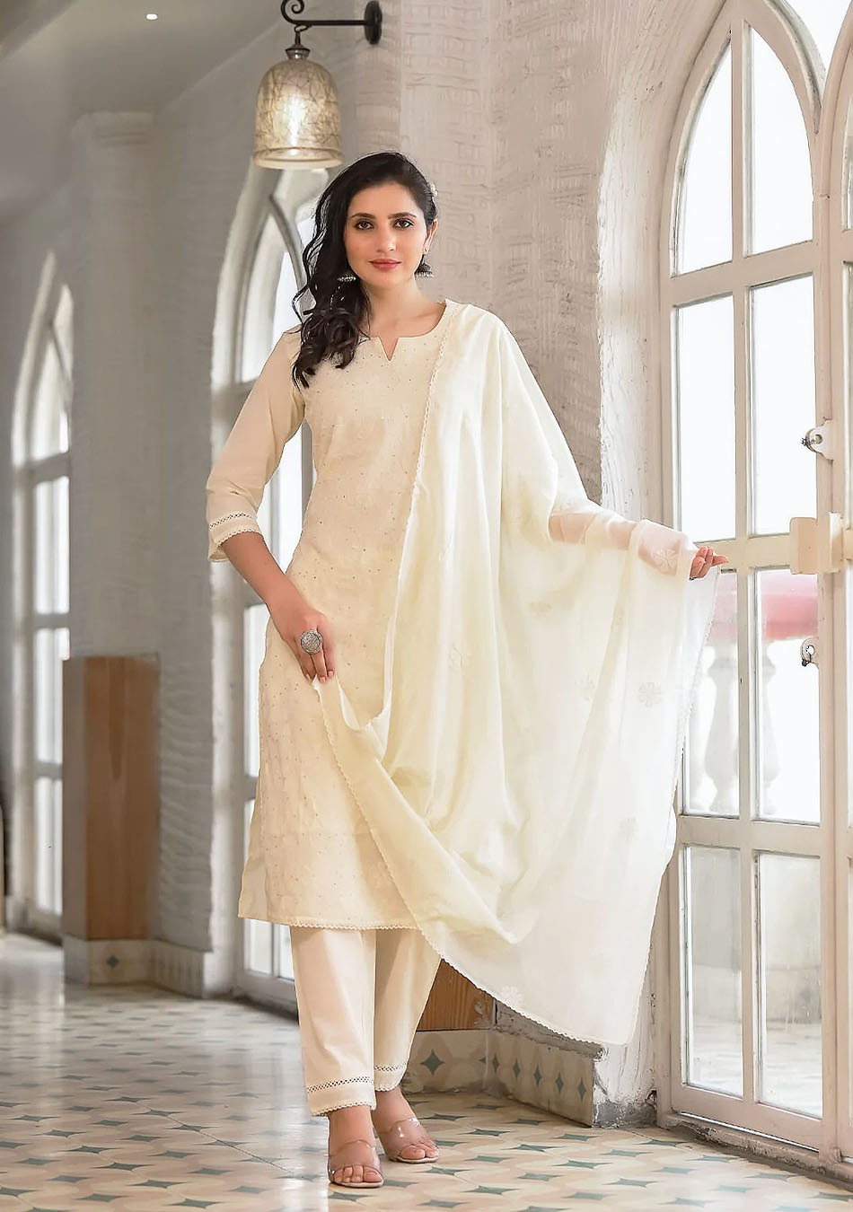 Elegance Off sequence White Suit Set With Dupatta