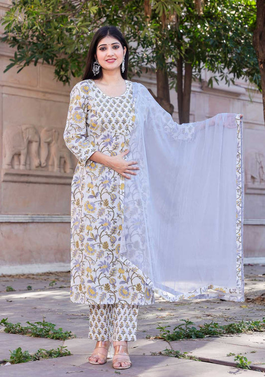 Floral Hand Block Suit with Dupatta