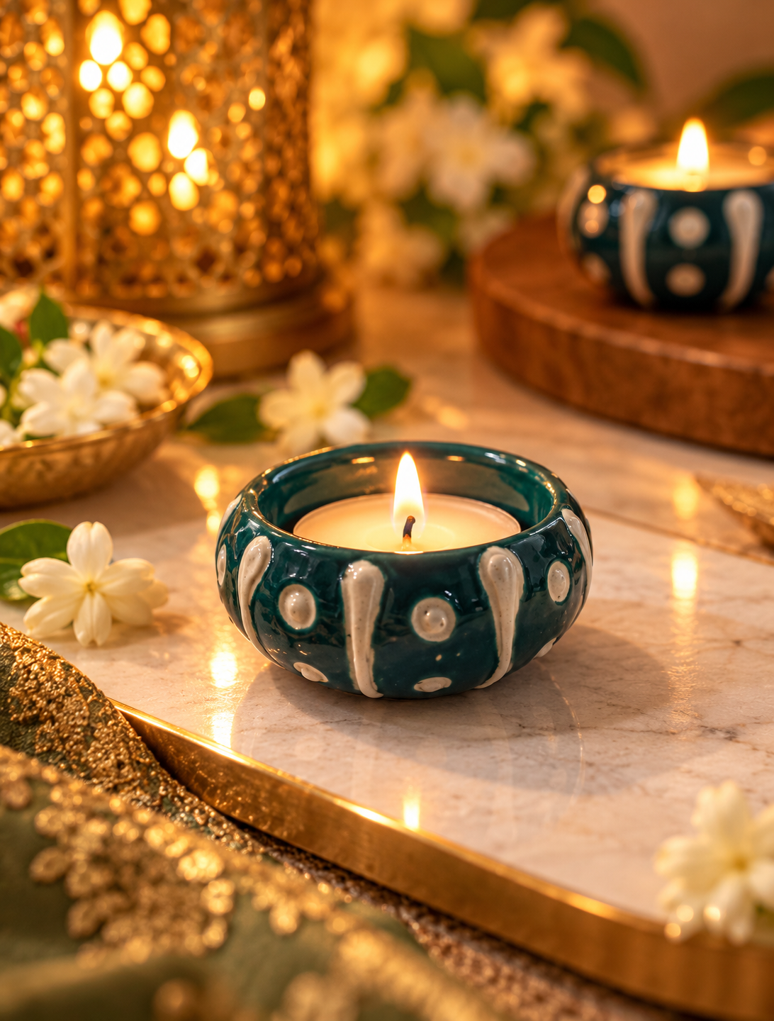 Aravalii Deep Teal Dot Glow Diyas