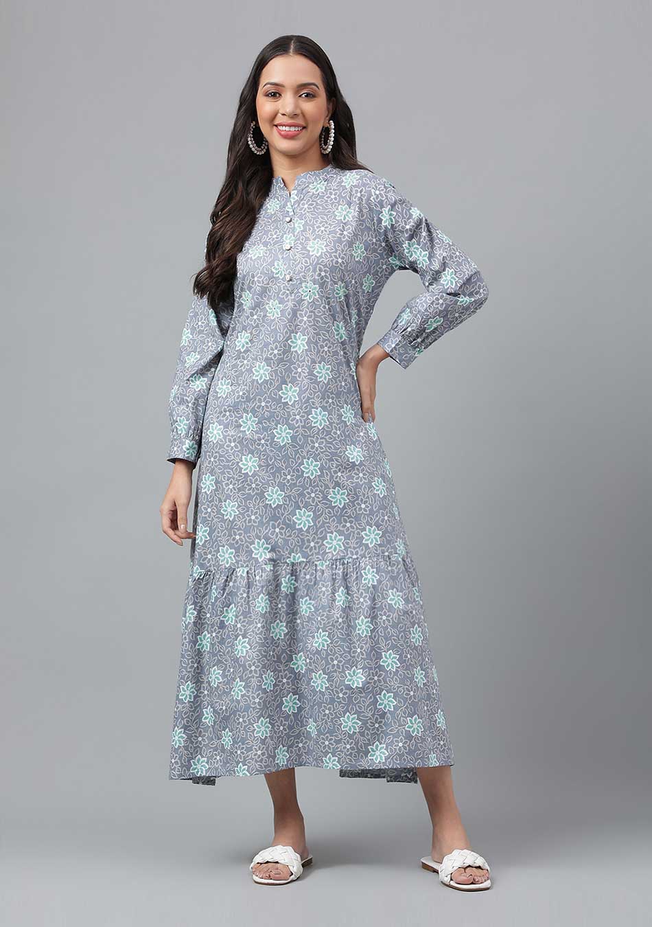 Grey Floral Print Long Dress