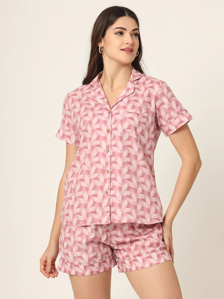 Pink Printed Pure Cotton Regular Night Suit