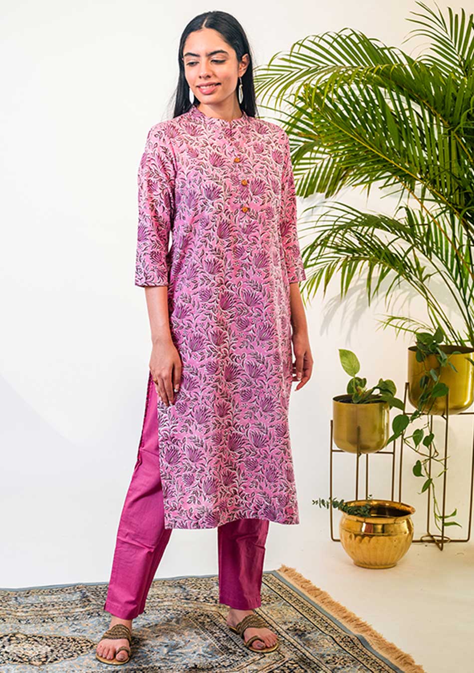 Handblock Printed Deep Pink Kurta and Pant Set