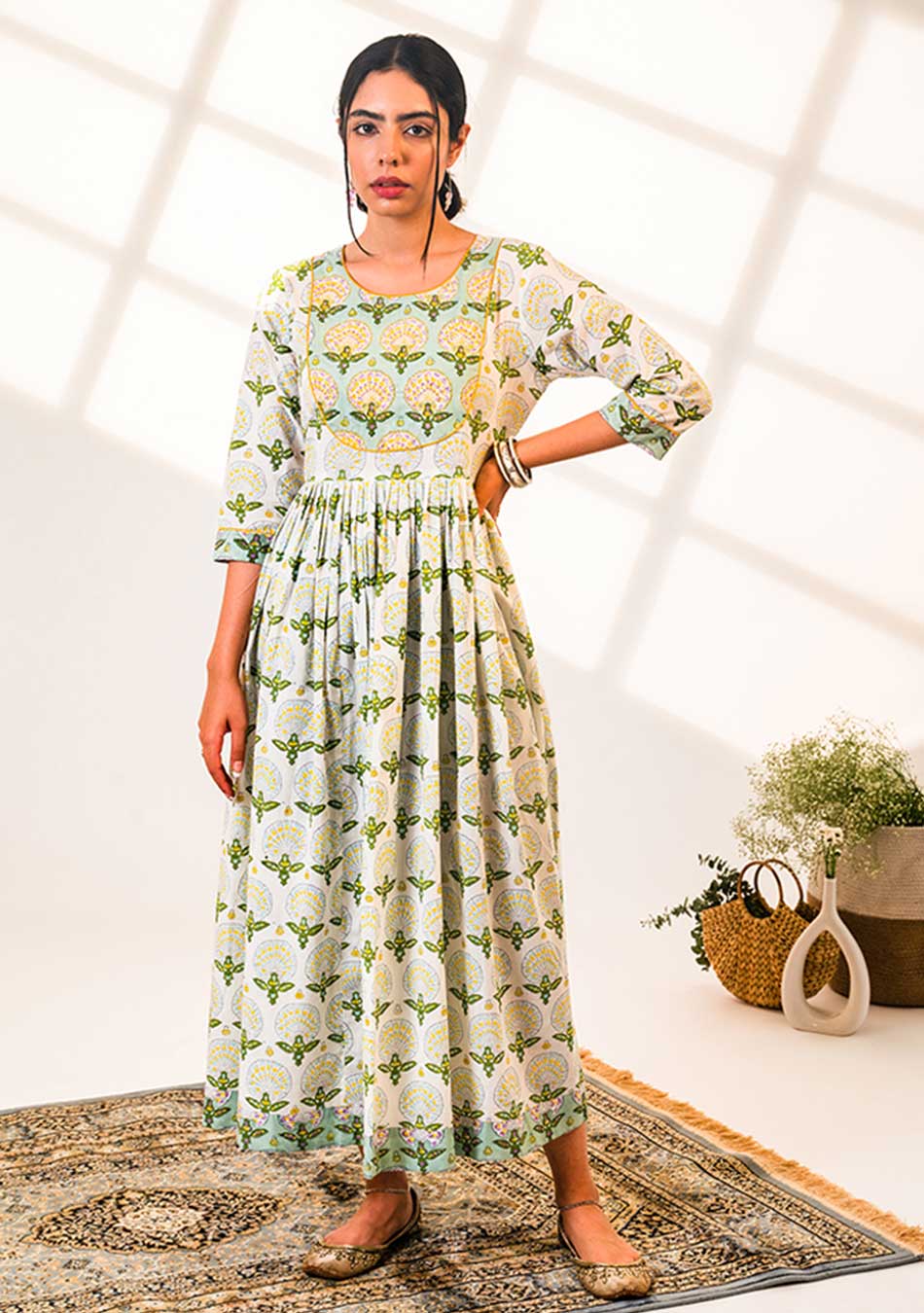 Hand-Block Printed Green Peafowl Inspired Kurta