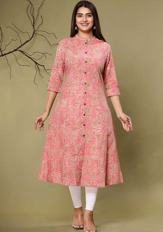 Pink kurta showcases intricate floral print
