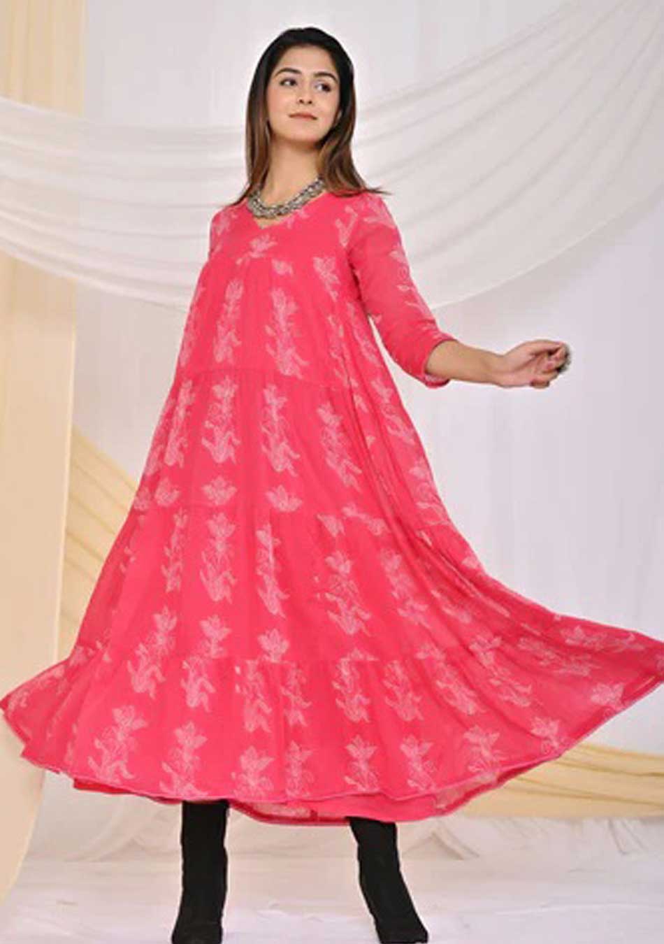 Hot Pink Print Cotton Long Dress
