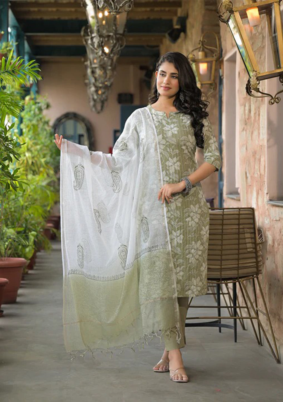 Sage Serenity Suit Set with Kota Dupatta