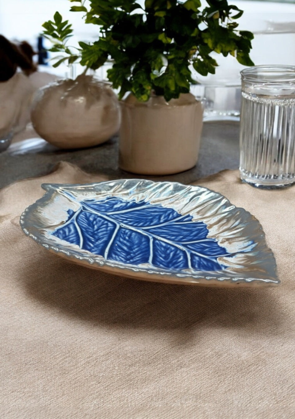 Leaf Blue-Grey Ceramic Platter Set