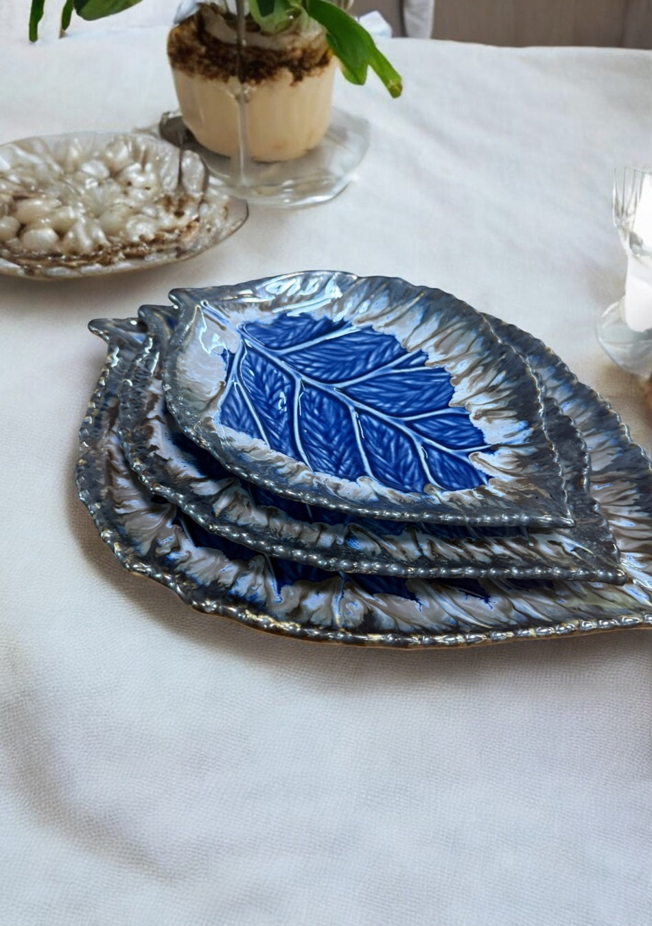 Leaf Blue-Grey Ceramic Platter Set