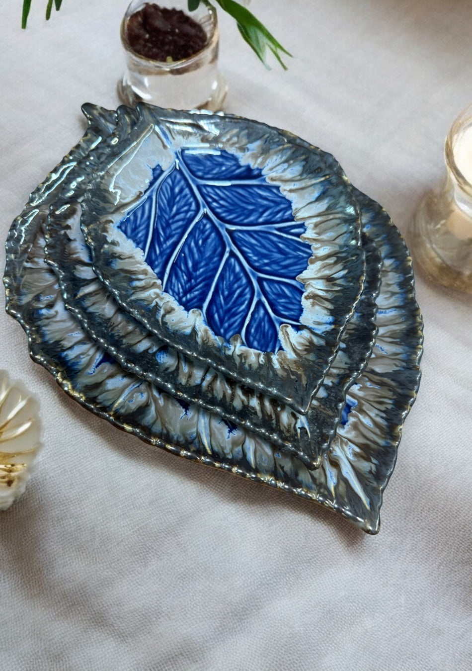 Leaf Blue-Grey Ceramic Platter Set
