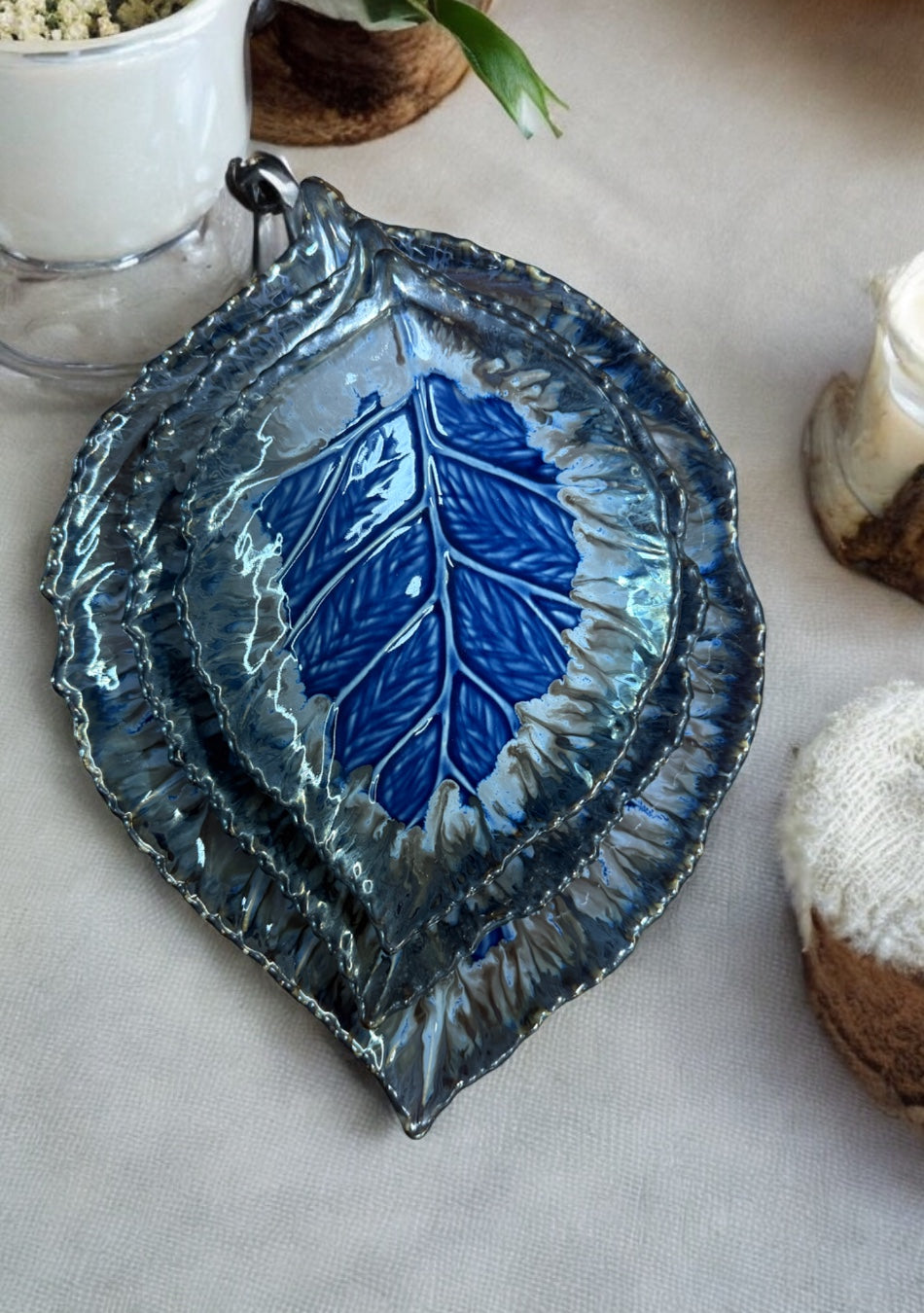 Leaf Blue-Grey Ceramic Platter Set