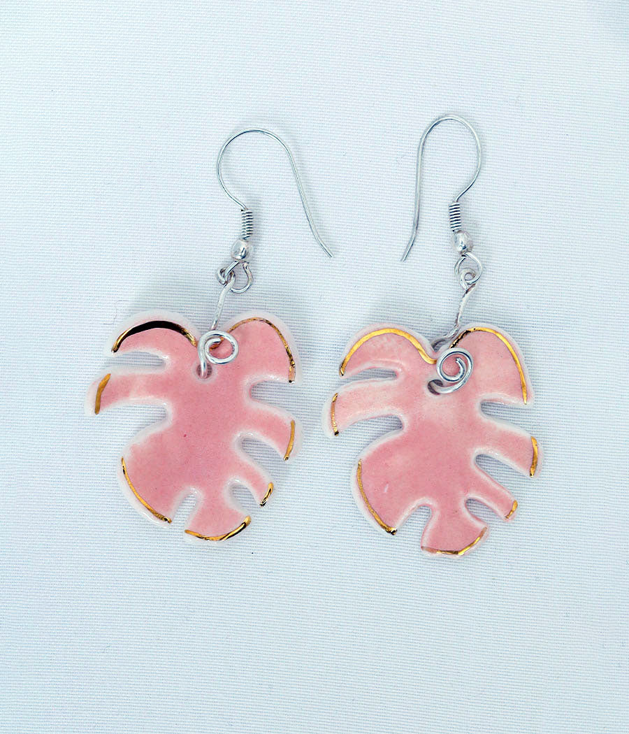 Pink Swiss Cheese Leaf Pendant and Earring Set