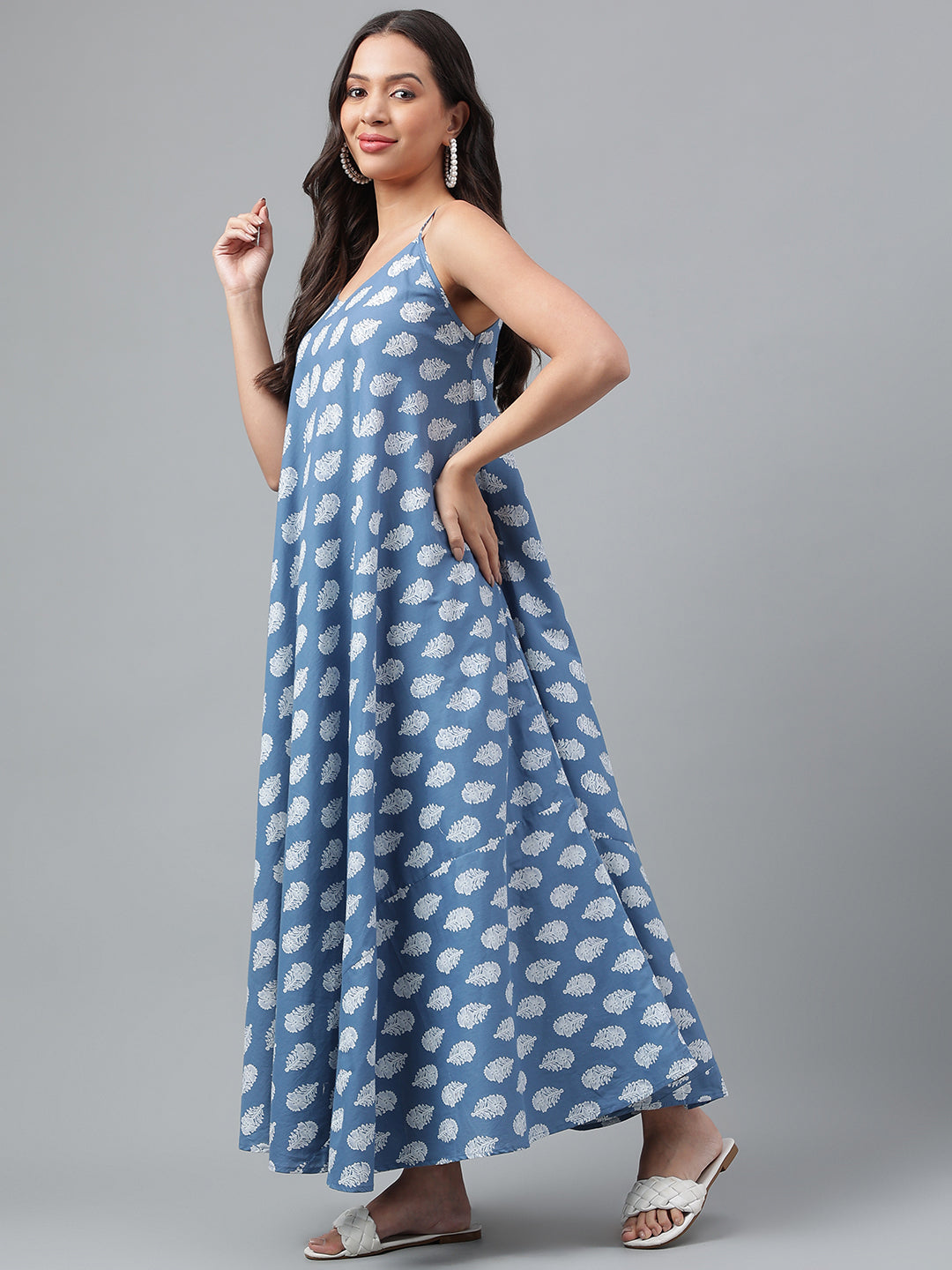 Dark Blue Floral Shoulder Strip Long Dress