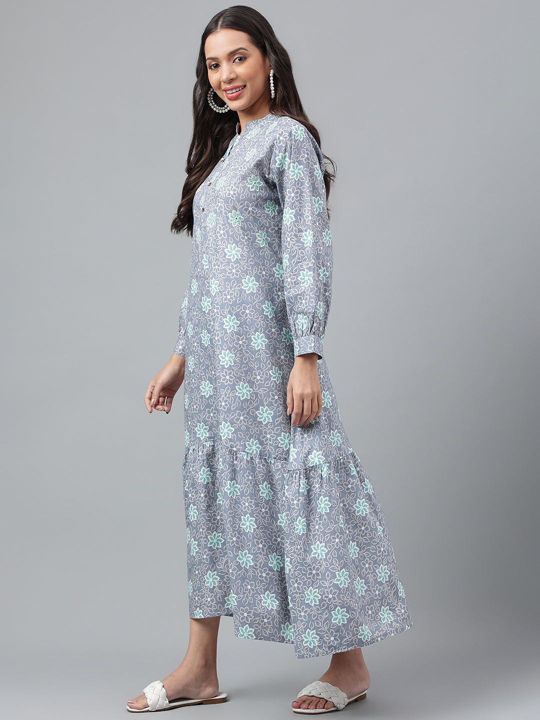 Grey Floral Print Long Dress