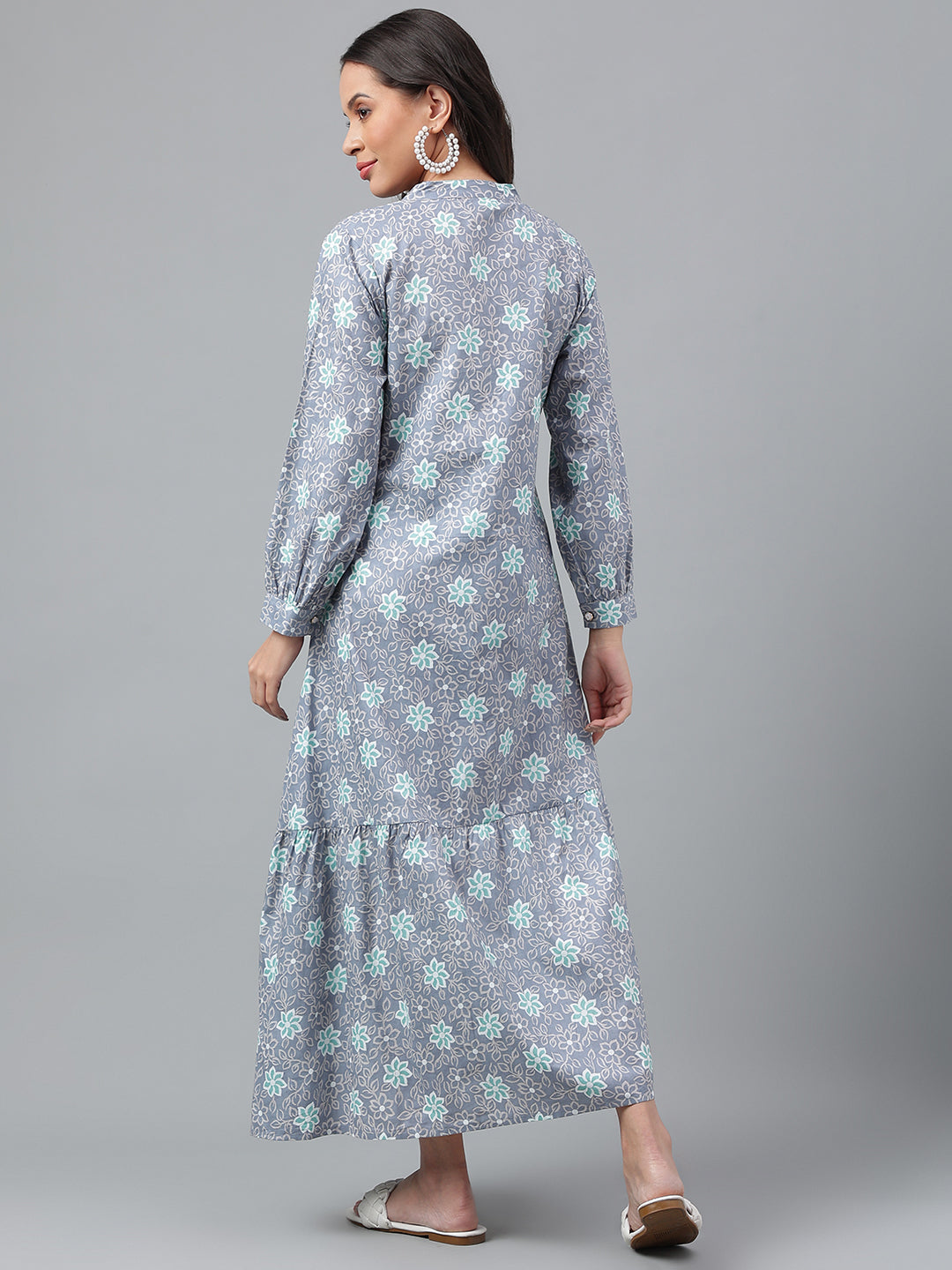 Grey Floral Print Long Dress