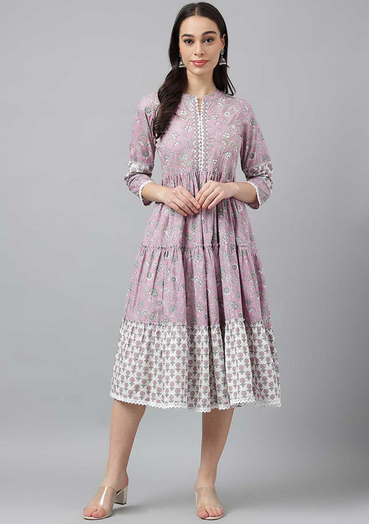 Light Pink Hand Block Floral Printed Midi Dress