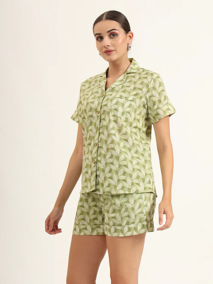 Green Printed Pure Cotton Regular Night Suit