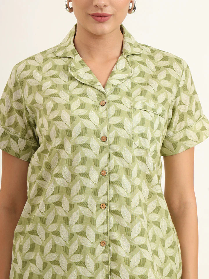 Green Printed Pure Cotton Regular Night Suit