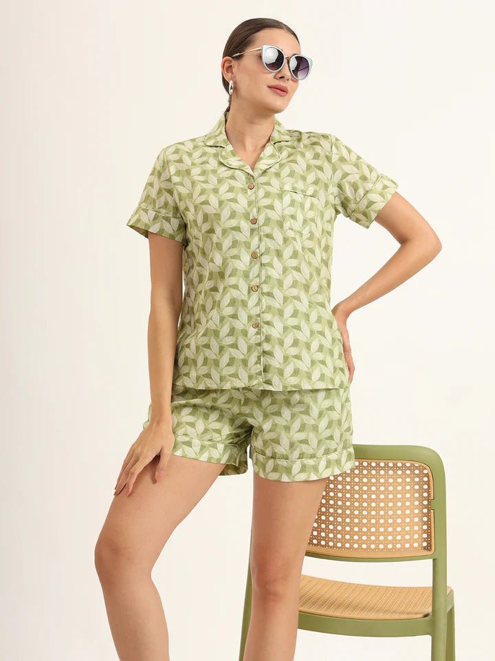 Green Printed Pure Cotton Regular Night Suit