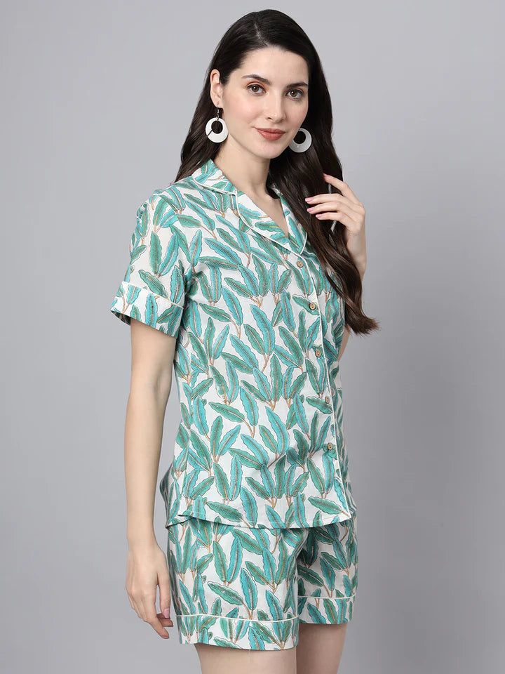 Handblock Print Green Cotton Night Suit