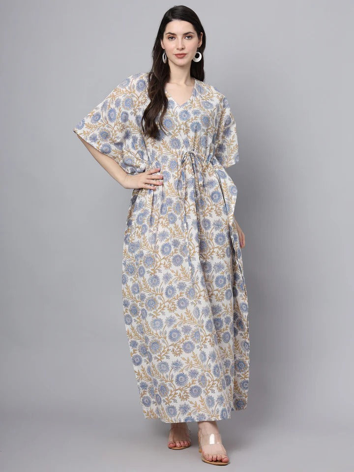 White And Blue Floral Print Kaftan
