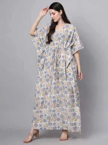 White And Blue Floral Print Kaftan