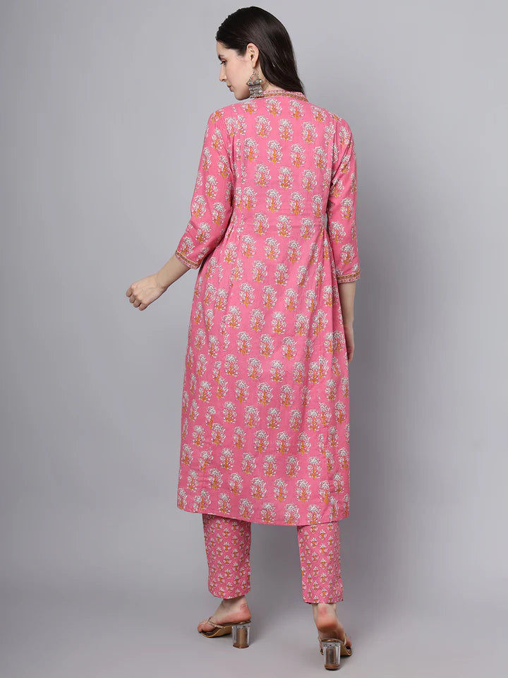 Pink Cotton Printed Sequin Work Kurta Set