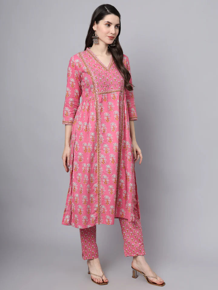 Pink Cotton Printed Sequin Work Kurta Set