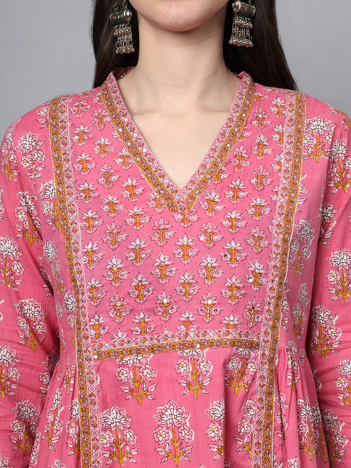 Pink Cotton Printed Sequin Work Kurta Set