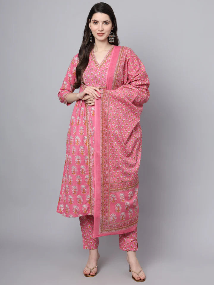 Pink Cotton Printed Sequin Work Kurta Set