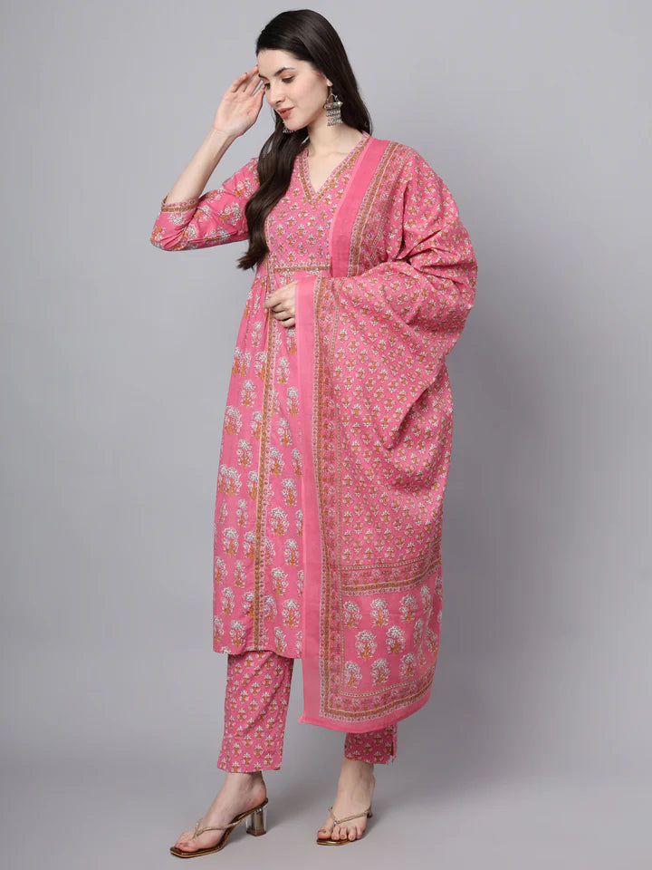 Pink Cotton Printed Sequin Work Kurta Set