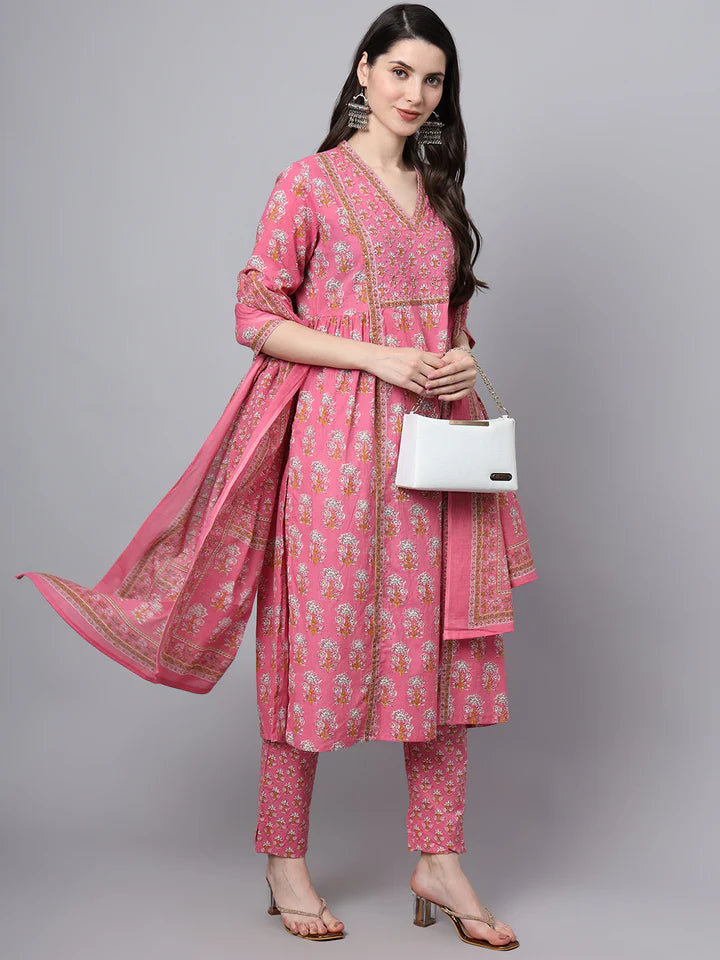 Pink Cotton Printed Sequin Work Kurta Set