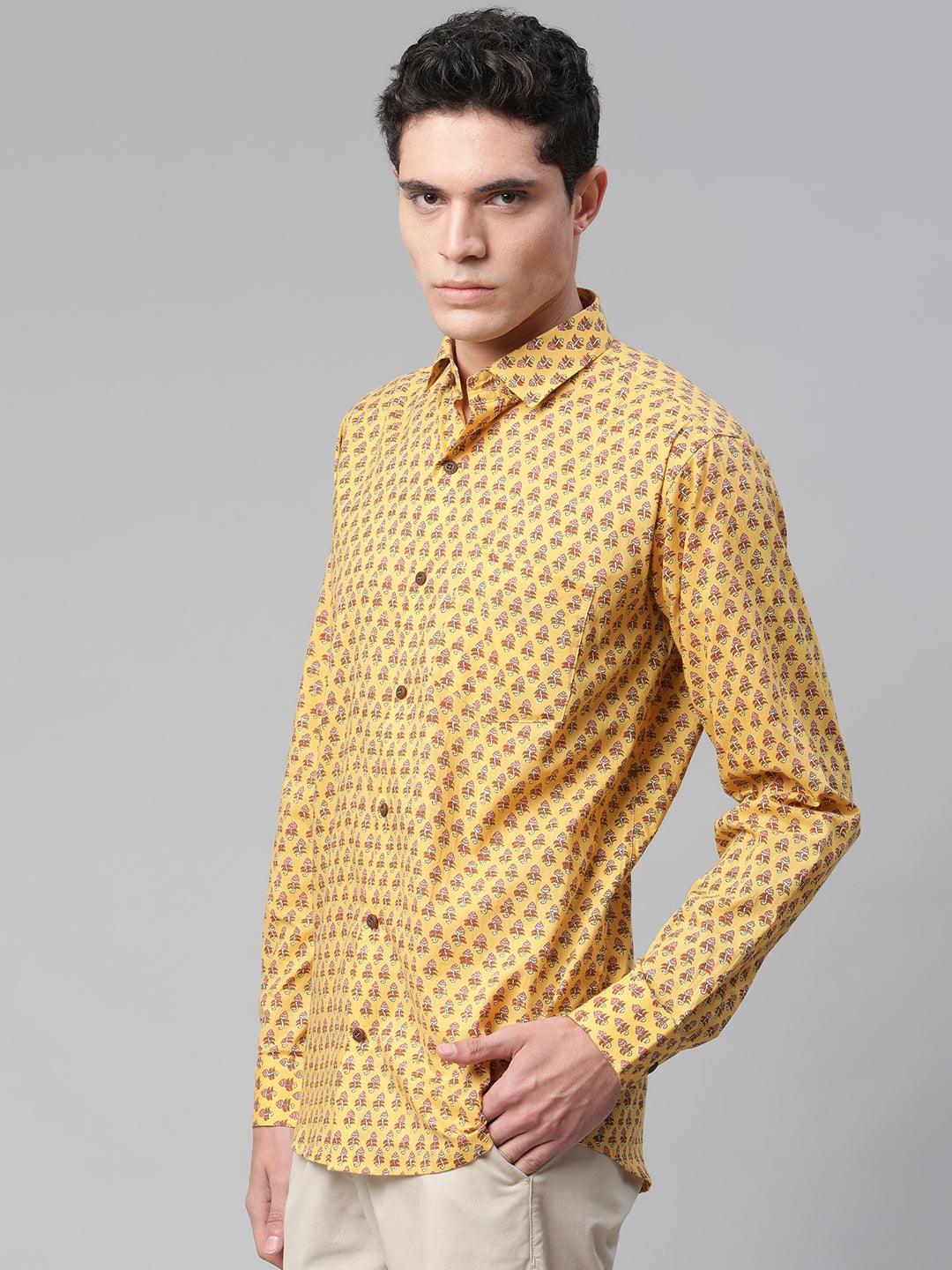 Yellow & Pink Cotton Full Sleeve Shirt for Men