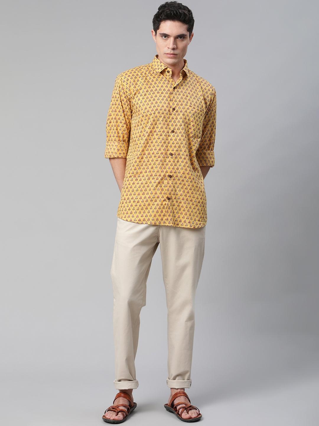 Yellow & Pink Cotton Full Sleeve Shirt for Men