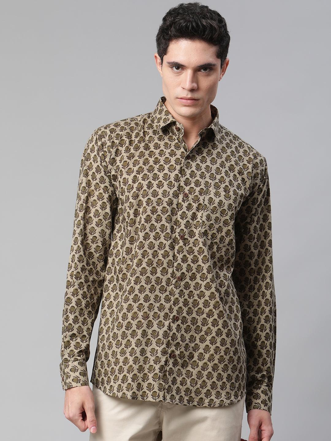 Grey & Green Cotton Full Sleeve Shirt for Men