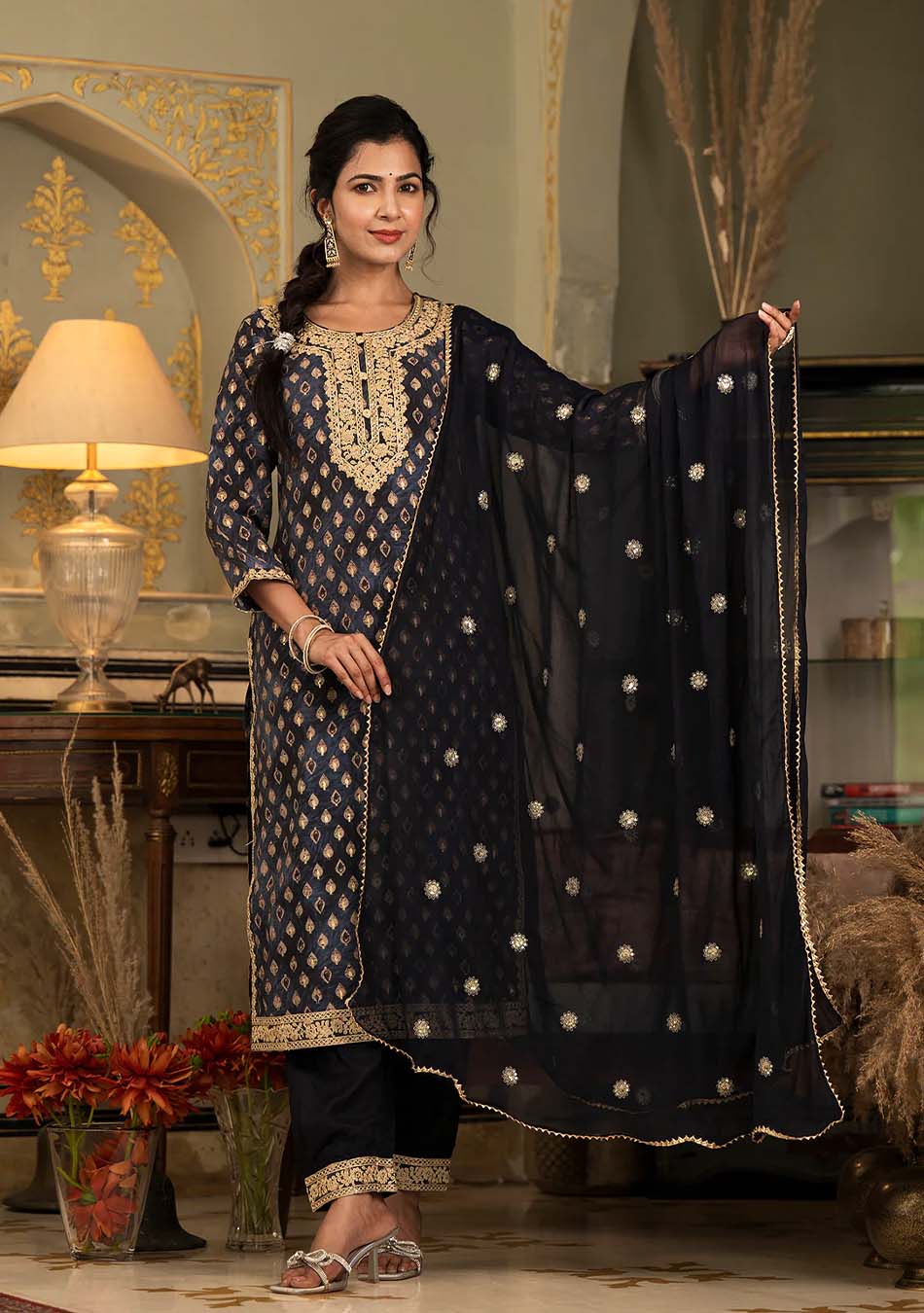 Navy Blue Muslin Silk Zari work Kurta Pant With Dupatta