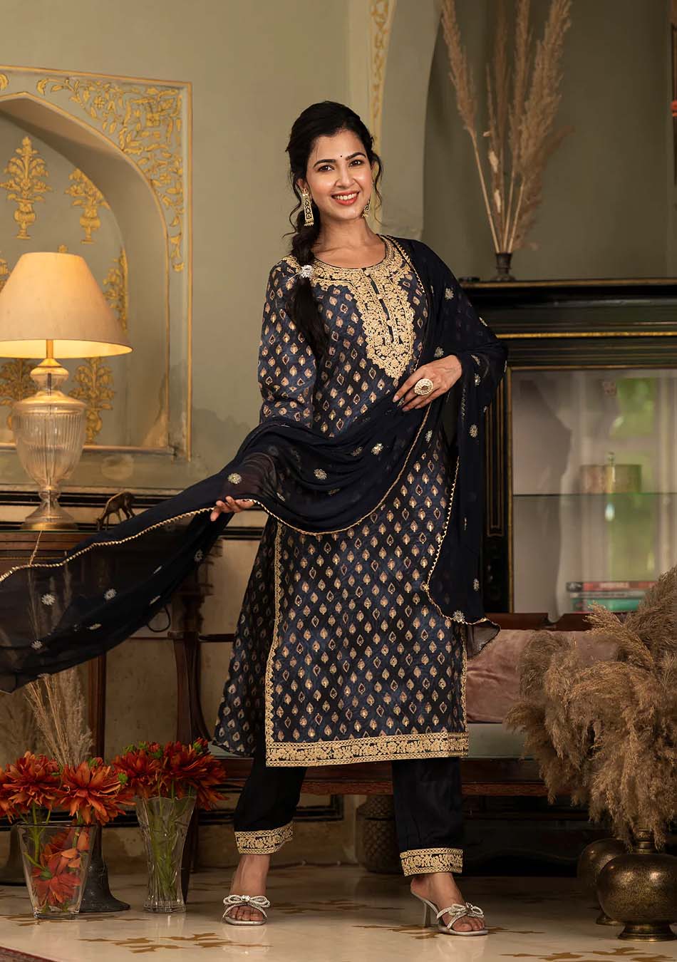 Navy Blue Muslin Silk Zari work Kurta Pant With Dupatta