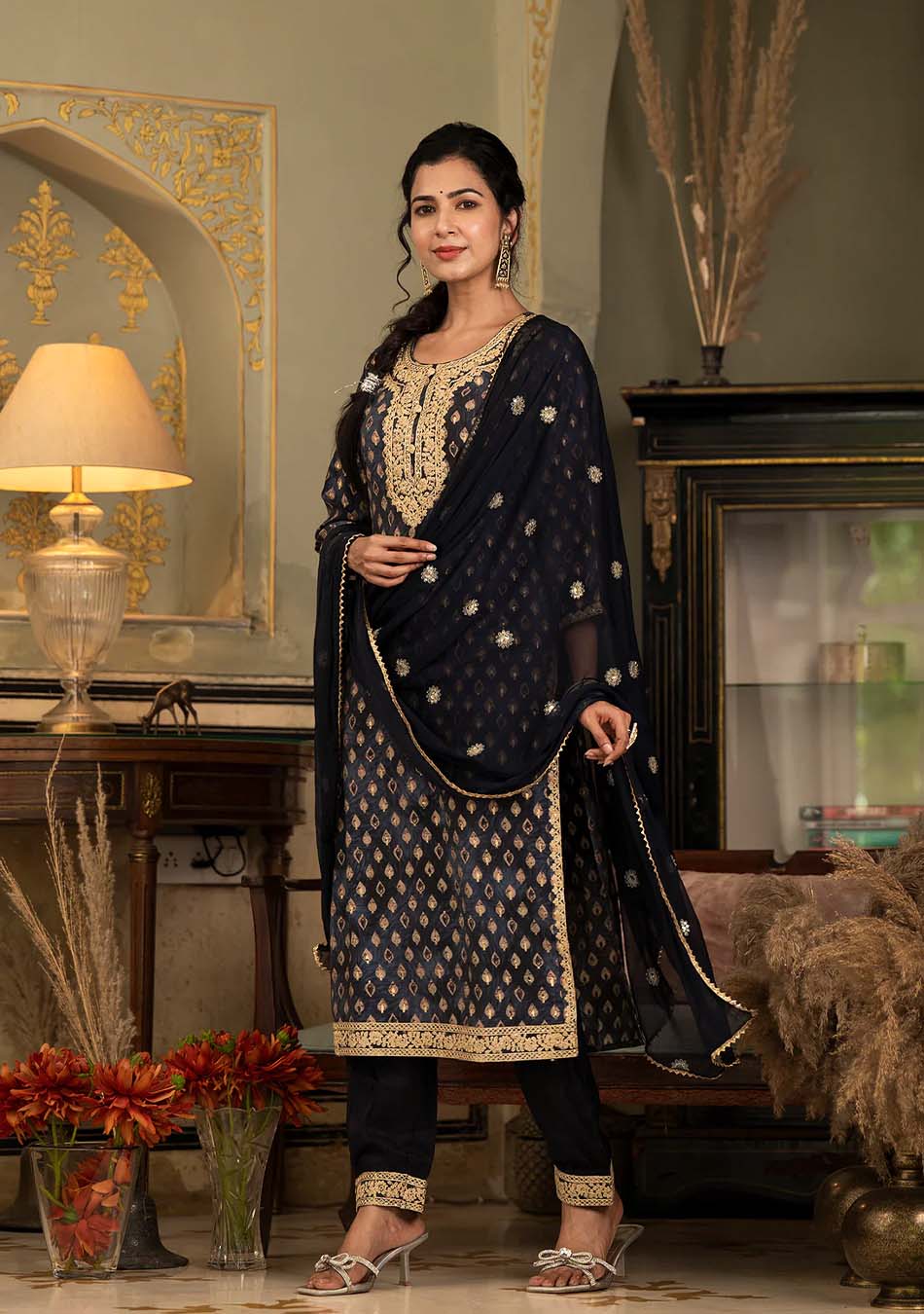 Navy Blue Muslin Silk Zari work Kurta Pant With Dupatta