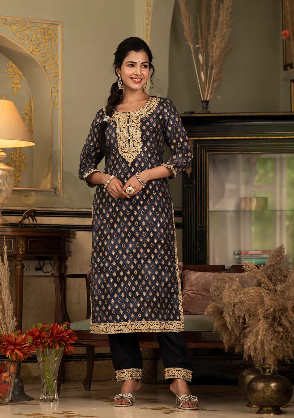 Navy Blue Muslin Silk Zari work Kurta Pant With Dupatta