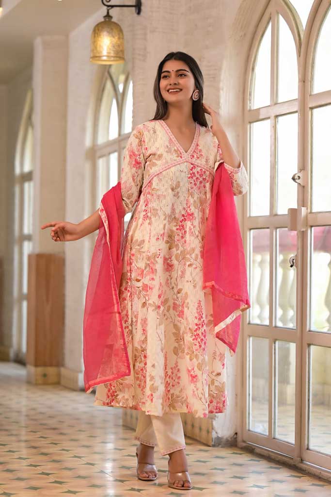 White & deep pink Cotton Print Set with Dupatta